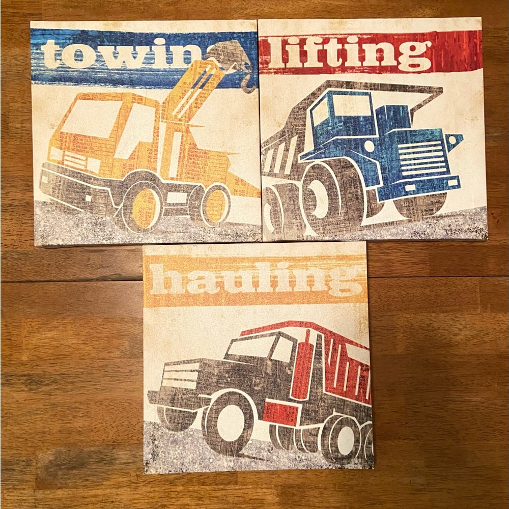 Construction Trucks Tow Lifting Haul Trucks Canvas Wall Hangings Set Of 3